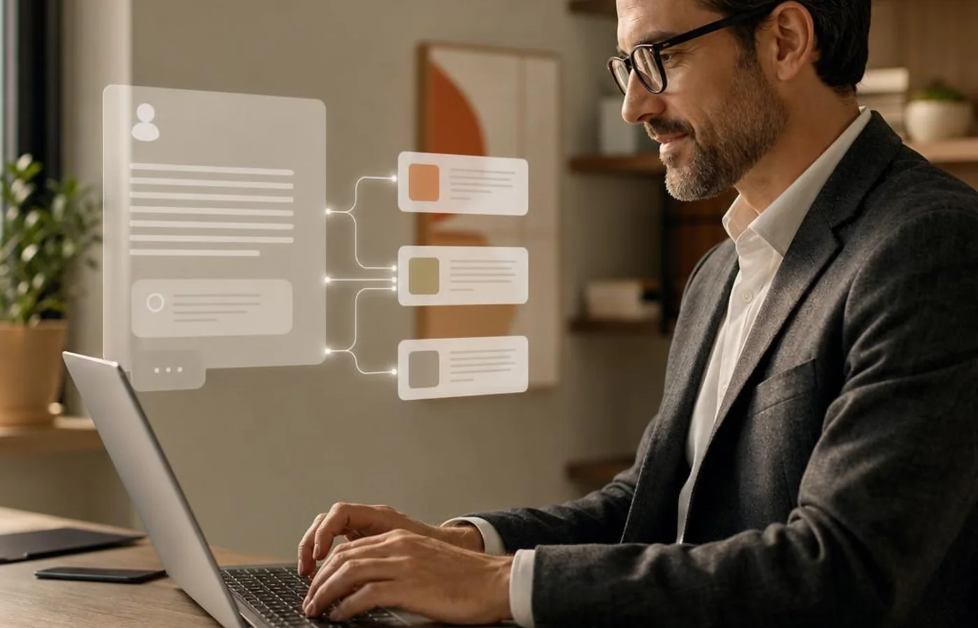 Business professional using an AI assistant to review connected website sources