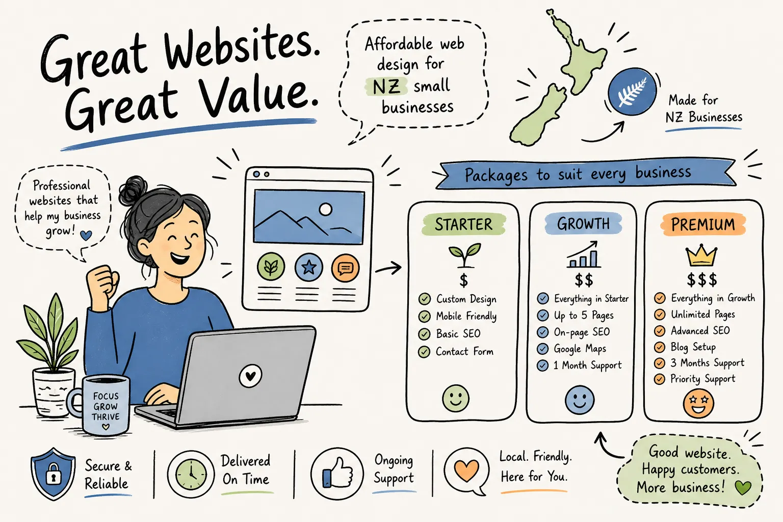 Illustration comparing starter, growth and premium website packages for NZ small businesses