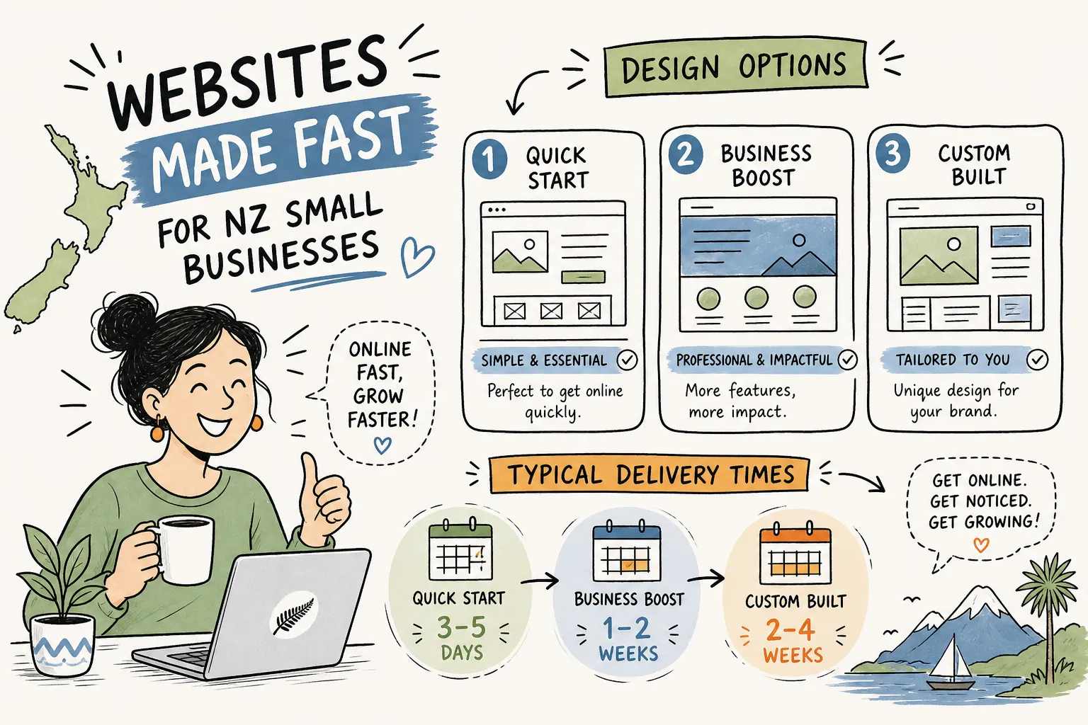 Illustration comparing quick start, business boost and custom built websites with their typical delivery times