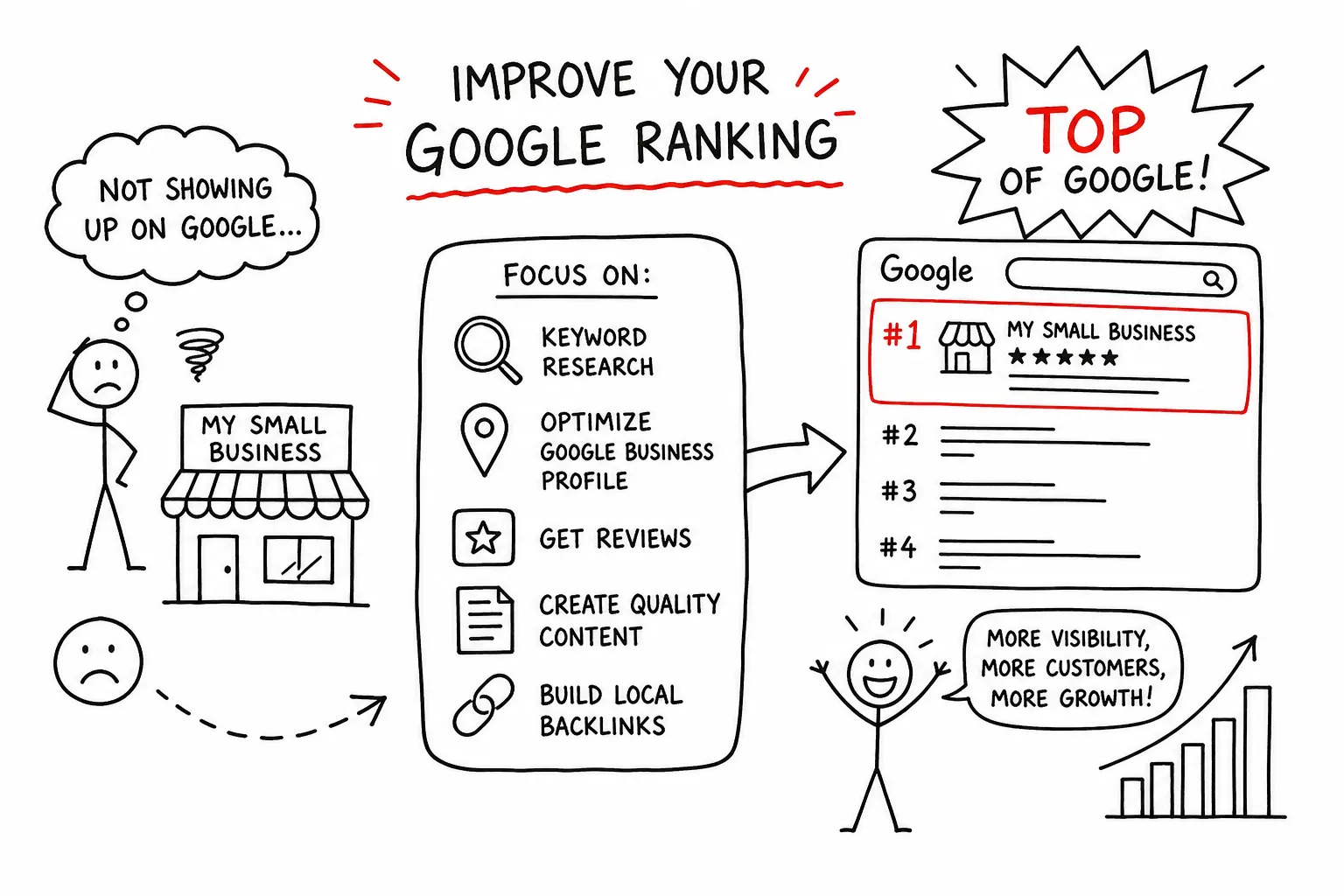 Illustrated guide showing how a small business can improve its Google ranking
