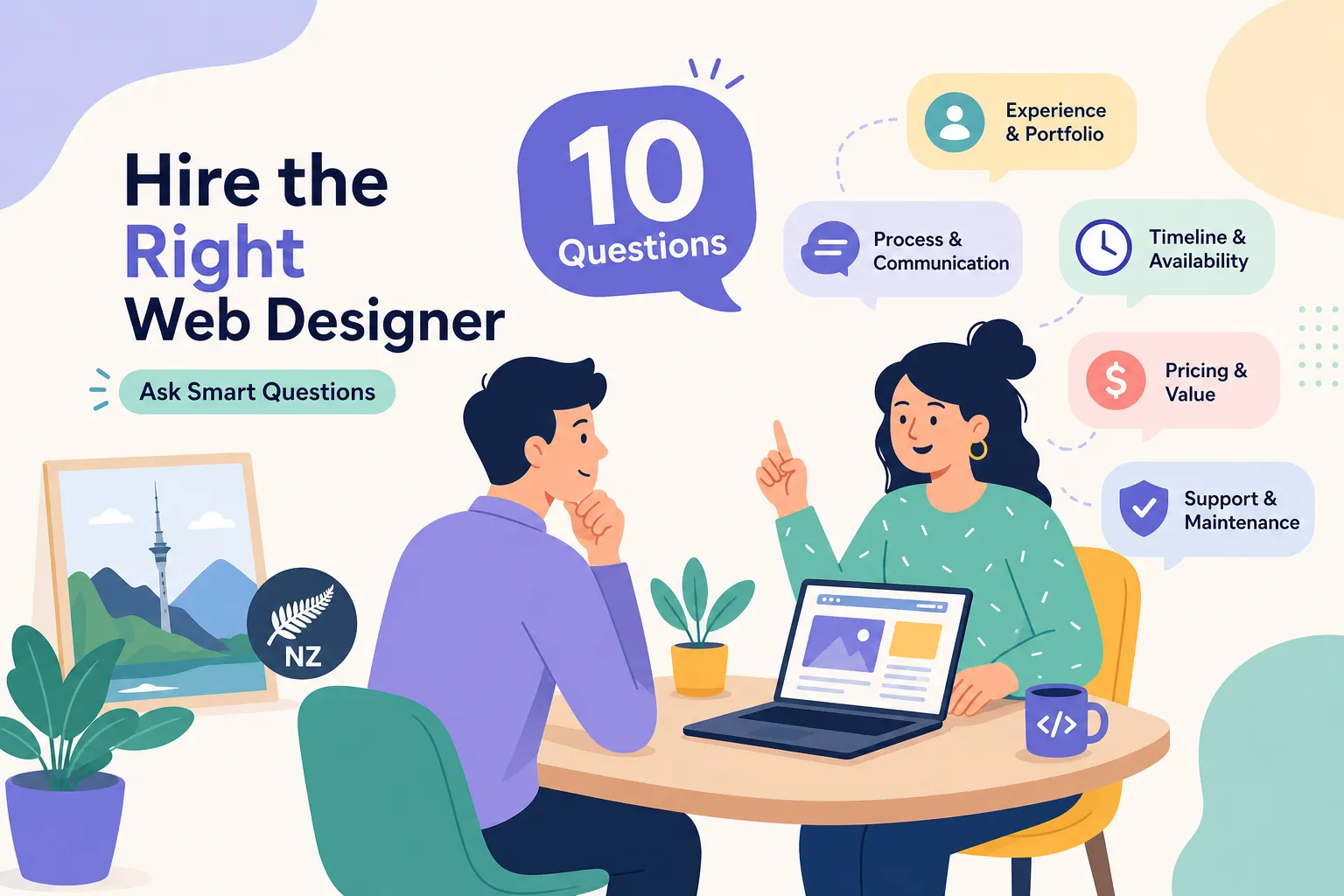 Illustration of a New Zealand small business owner and a web designer talking across a table with a laptop, surrounded by labels for experience, process, timeline, pricing and support — the ten questions to ask before hiring