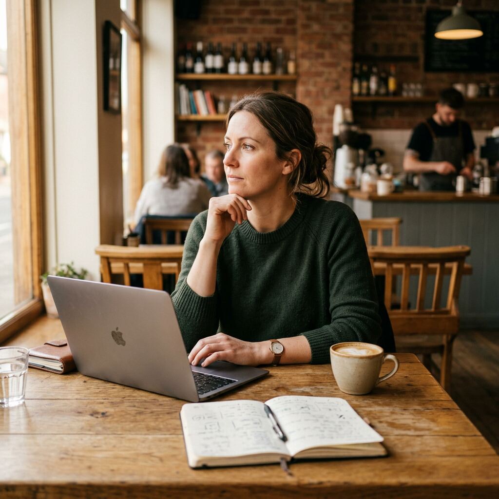 Auckland small business owner at a cafe table weighing up a decision on their laptop