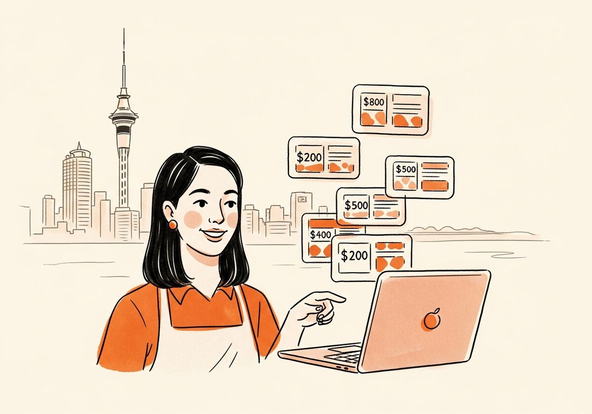 Hand-drawn illustration of an Auckland small business owner comparing website design pricing options on a laptop, with the Auckland skyline in the background