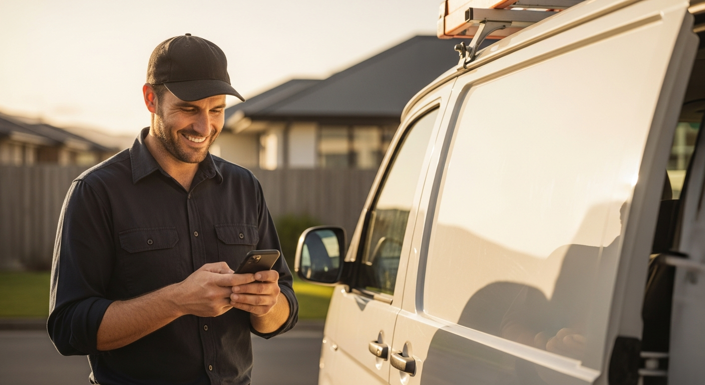 An NZ tradie beside his work van checking business leads and enquiries on his phone