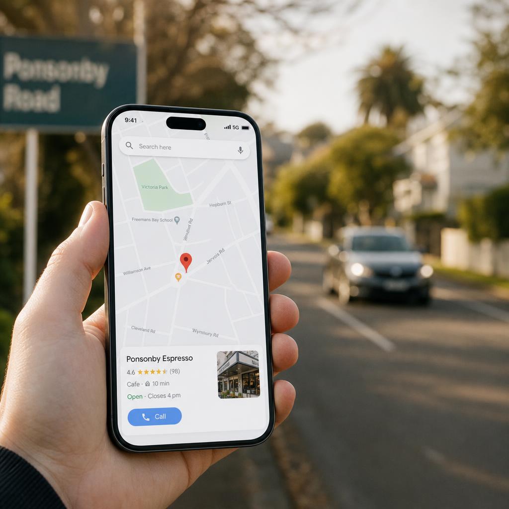 Customer holding a phone showing a local business listing on a map — how locals choose who to call