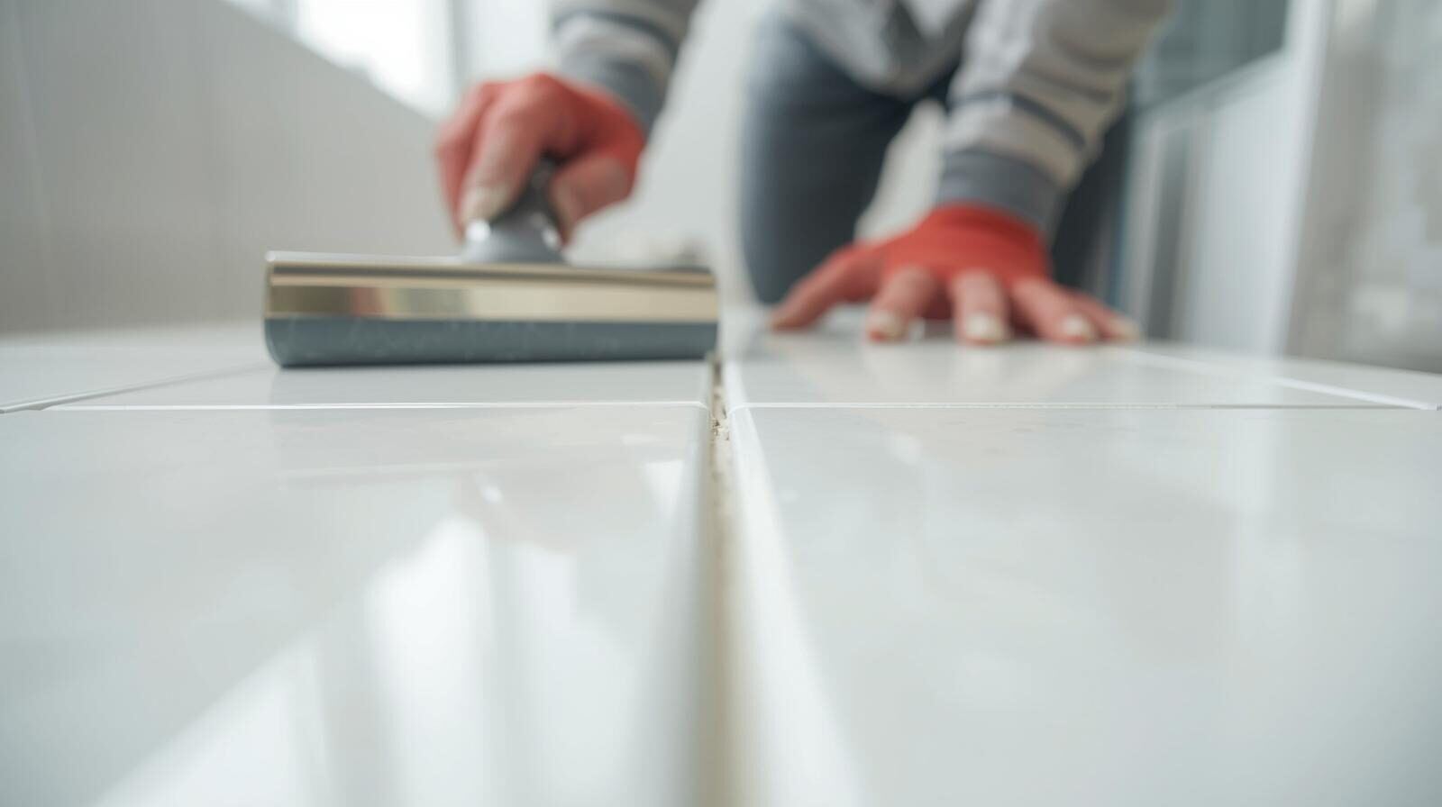 Tiler regrouting a floor — real photos of real work make a Google Business Profile stand out